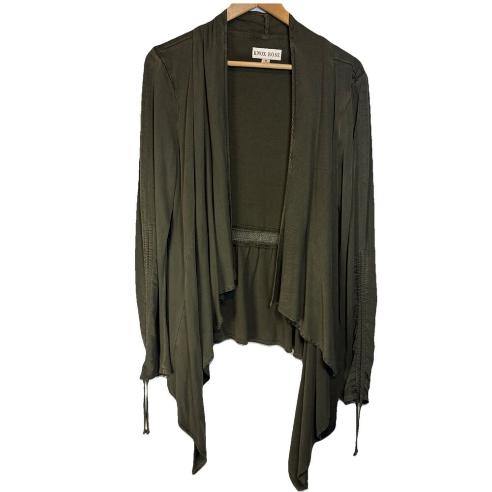 KNOX ROSE Green Waterfall Drape Front Crochet Cardigan Size M Top Boho Hippie